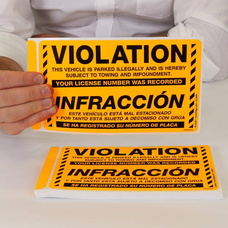 SmartSign Bilingual Parking Violation Stickers | Pack of 50 Labels with Permanent Adhesive, 5 x 8 inch, Vehicle Illegally Parked Sticker, Hard to Remove Write-On Tickets, Fluorescent Orange - Image 2